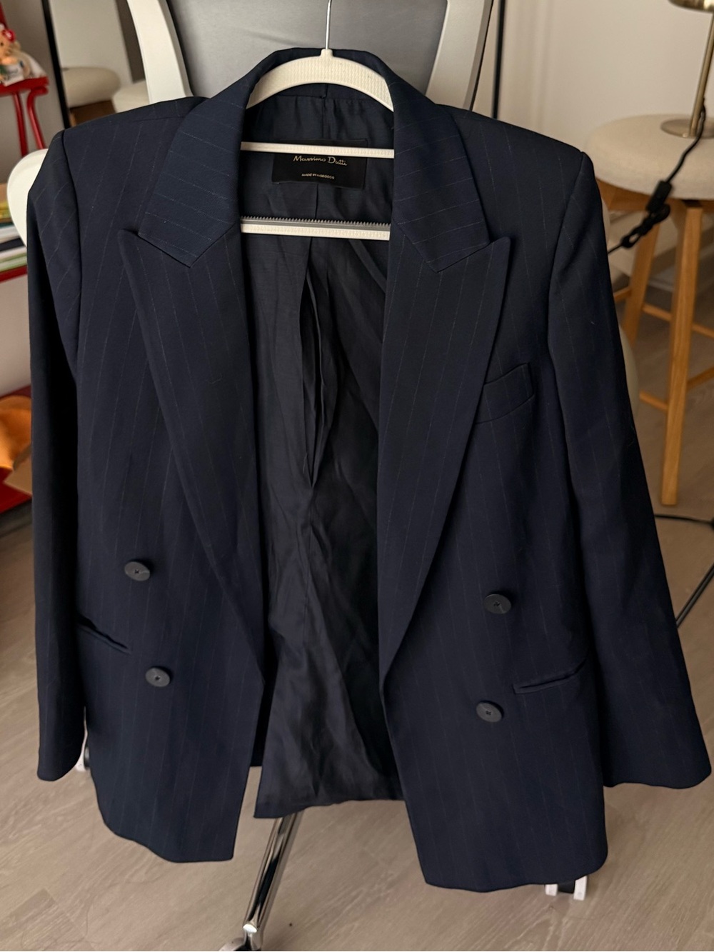 Massimo Dutti Dark Navy Pinstripe Double-Breasted Blazer